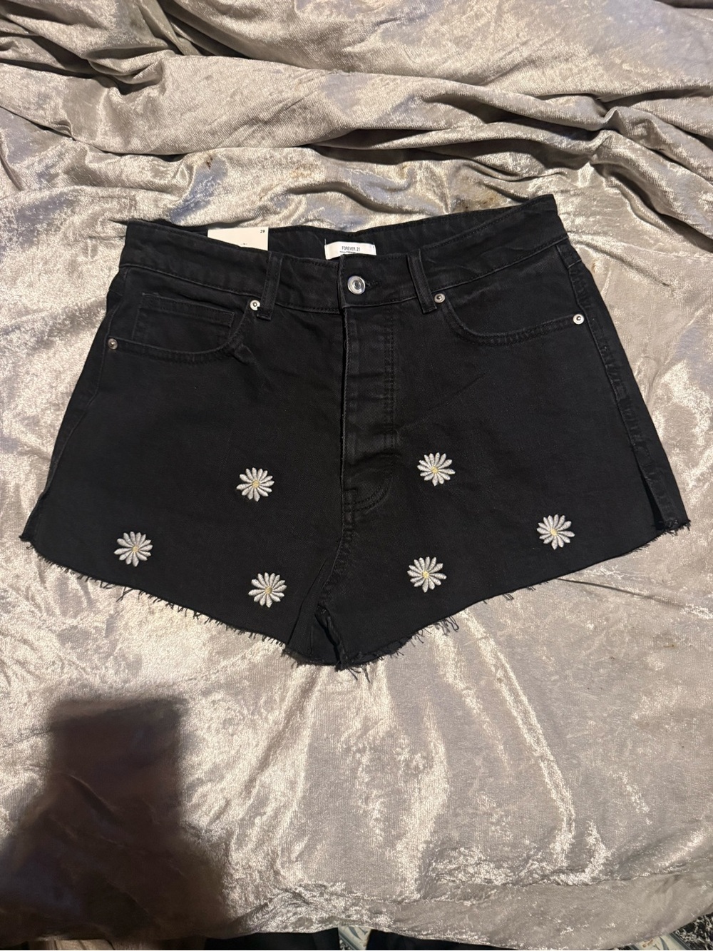 Forever 21 Black Denim Shorts with White Daisy Embroidery